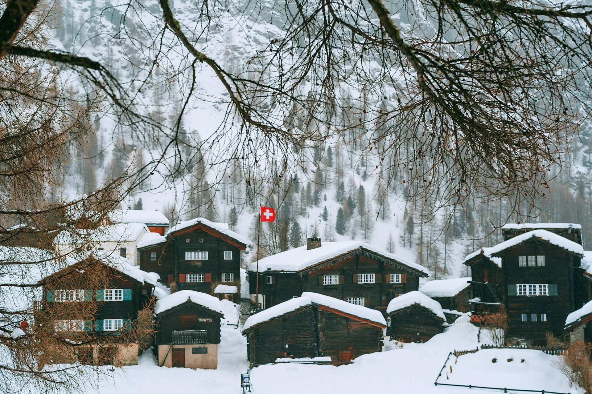 Paisaje nevado con la bandera de Switzerland